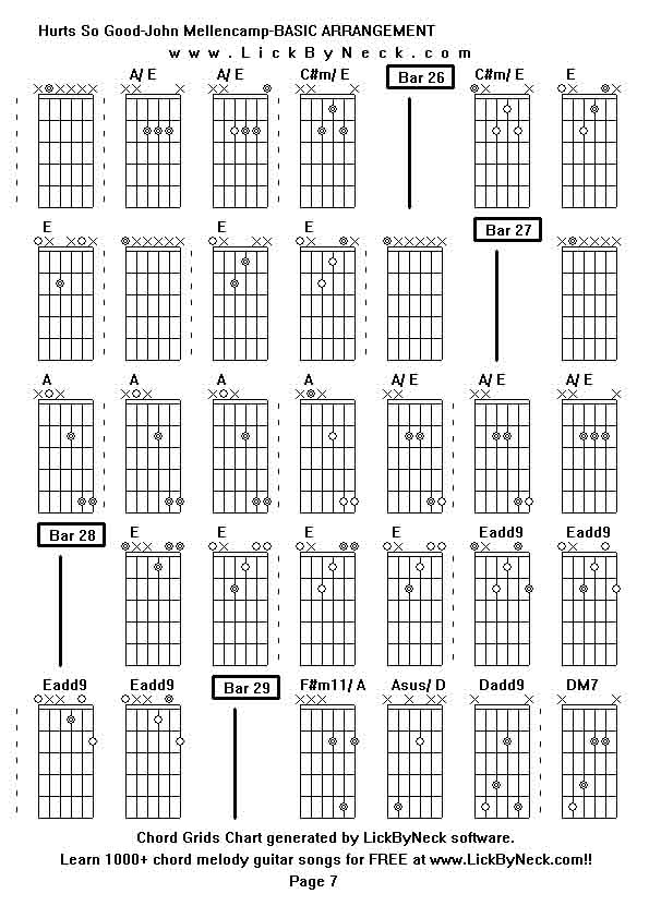 Chord Grids Chart of chord melody fingerstyle guitar song-Hurts So Good-John Mellencamp-BASIC ARRANGEMENT,generated by LickByNeck software.